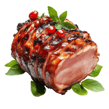 Delicious honey glazed ham garnished with basil and cranberries on a transparent background, Tasty food honey glazed ham on a transparent background png