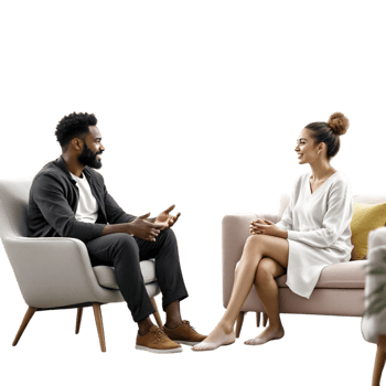 A man and woman sitting on a couch talking png