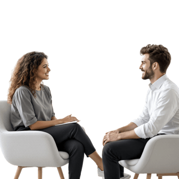 A man and woman sitting in chairs talking png
