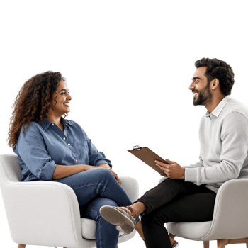 A man and woman sitting in chairs talking png