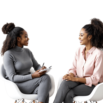 Two women sitting in chairs talking to each other png