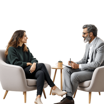 A man and woman sitting in chairs talking png
