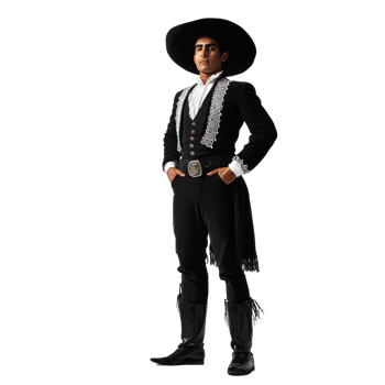 A Mexican man in a charro suit and boots poses confidently in a studio, a mexican man wear Charro suit with black boot isolated on transparent background png