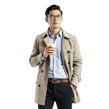 A man in a trench coat holding a coffee cup png