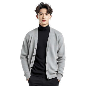 A man in a grey cardigan and black turtle neck sweater png
