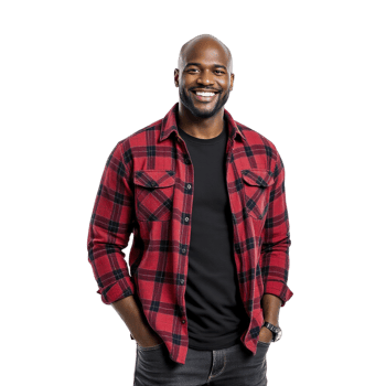 A black man wearing a red and black plaid shirt png
