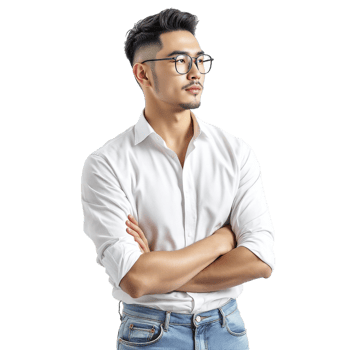 Young man in white shirt and jeans standing with arms crossed png