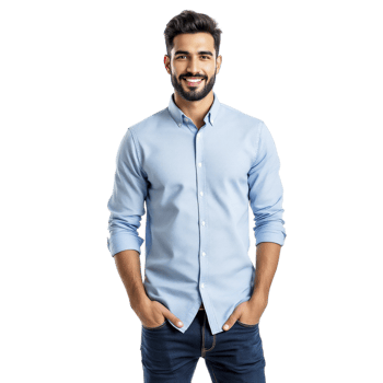 A man in a blue shirt is smiling png