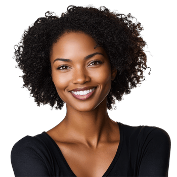 A happy black woman with curly hair smiles joyfully against a plain background, portrait of a black woman happy female isolated on transparent background png