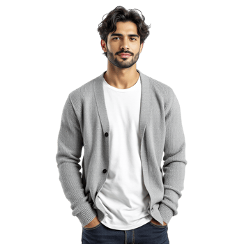 Man in a grey cardigan and jeans png