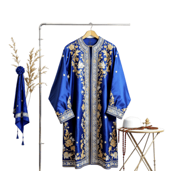 A blue and gold robe with gold embroidery png
