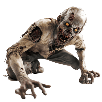 A crawling zombie with decayed features and glowing eyes on a transparent background, showcasing eerie details and haunting characteristics, Crawling Zombie on transparent background png