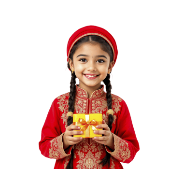 A little girl in a traditional indian dress holding a gift box png
