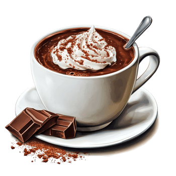 Delicious hot chocolate topped with whipped cream served with chocolate squares on a transparent background, Delicious hot chocolate on transparent background png