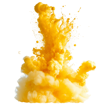 Dynamic yellow paint splash explosion creating a vibrant cloud effect against a transparent background, yellow paint splash explosion smoke cloud isolated on transparent background png