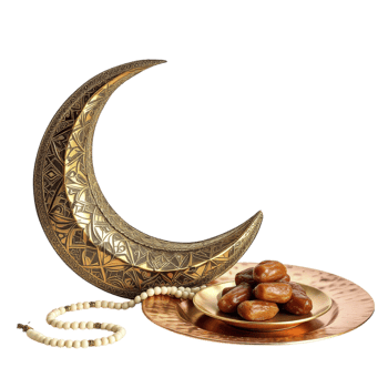 A crescent and a bowl of dates on a plate png