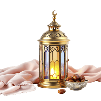 Ramadan lantern with dates and a cloth on a black background png