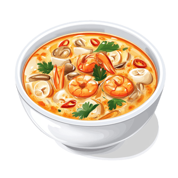 Delicious Tom Yam Kung soup featuring shrimp, mushrooms, and spices served in a bowl against a transparent background, Tom Yam Kung soup Thai cuisine on transparent background png