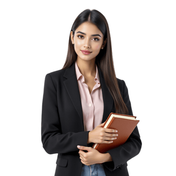 A young woman in a suit holding a book png