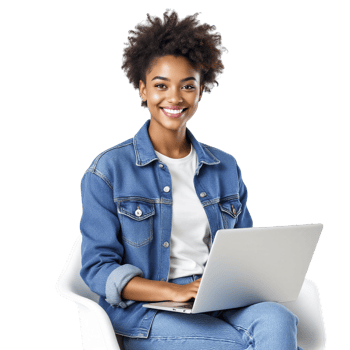 A smiling young woman sitting on a chair with a laptop png