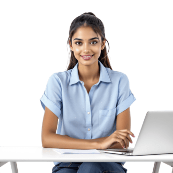 A woman sitting at a desk with a laptop png