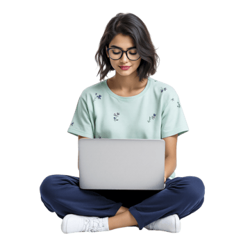 A woman in glasses sits on the floor with a laptop png