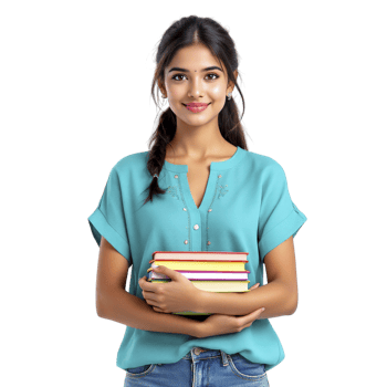A young woman holding a stack of books png