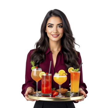 A woman holding a tray with different drinks png