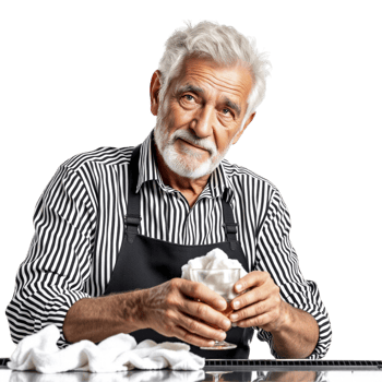 An old man with a white beard and apron holding a glass of beer png