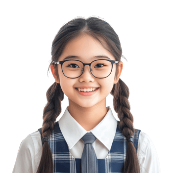 Cheerful young Asian student girl with glasses in school uniform smiles brightly at the camera, Portrait of Happy young Asian student girl in school uniform isolated transparent background png