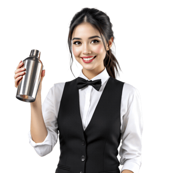 A young woman in a black dress holding a stainless steel shaker png