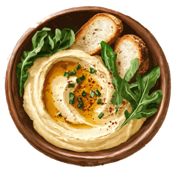 Delicious hummus topped with greens and served with toasted bread for a healthy snack or appetizer, portion of hummus with greens and toasts png