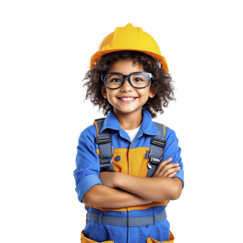 A young boy in a hard hat and glasses png