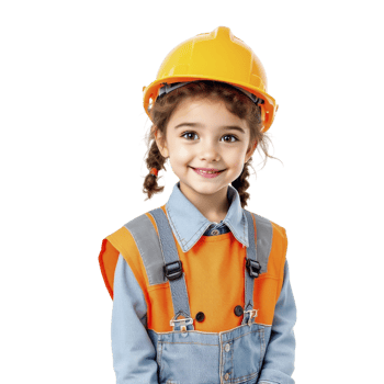 A little girl in an orange hard hat and overalls png