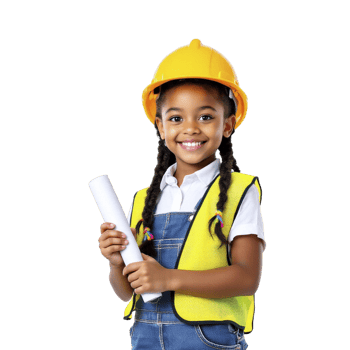 A little girl in a hard hat and overalls holding a blueprint png
