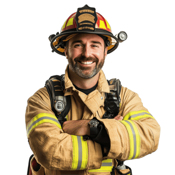 Friendly firefighter portrait with arms crossed, smiling proudly in full gear against a clean backdrop, firefighter portrait, friendly smiling arms crossed isolated on solid transparent background png