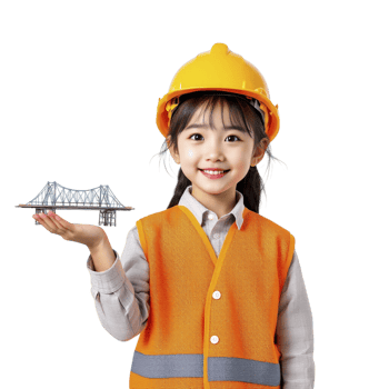 A little girl in an orange vest holding a model of a bridge png