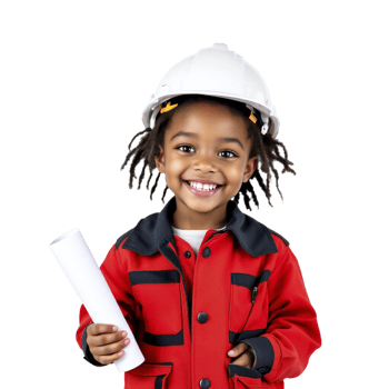 A little girl in a red jacket holding a blueprint png