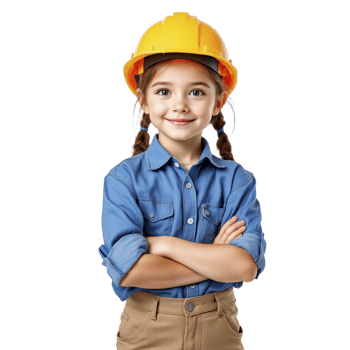 A little girl in a hard hat and blue shirt png
