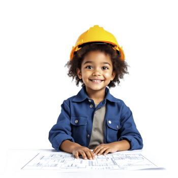A young girl wearing a hard hat and holding a blueprint png