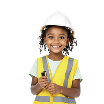 A young girl in a yellow vest and hard hat holding a flashlight png