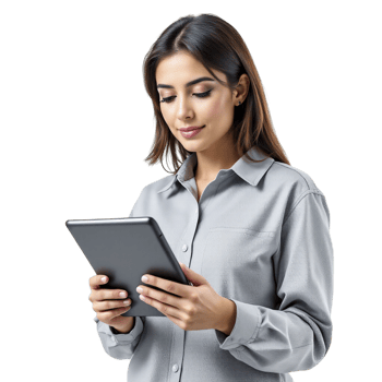 A woman in a business shirt is holding a tablet png
