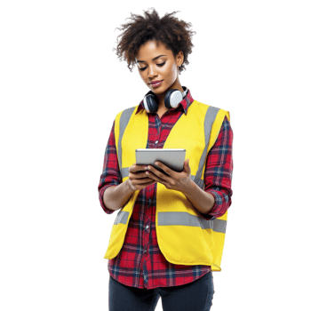Woman in yellow vest holding tablet computer png