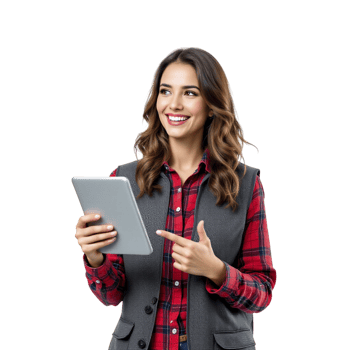 A woman in a vest holding a tablet computer png