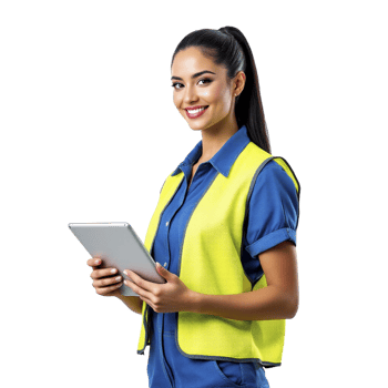 A woman in a yellow vest holding a tablet computer png