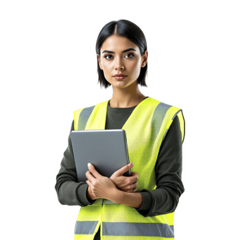 Woman in yellow vest holding a tablet computer png