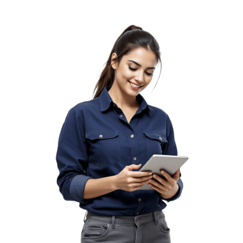 A woman in blue shirt holding a tablet computer png
