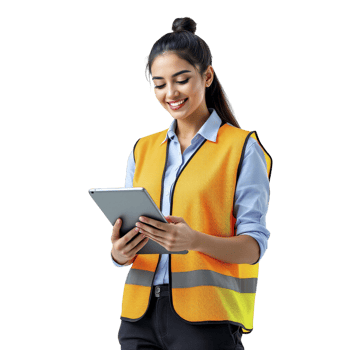 A woman in an orange vest holding a tablet computer png
