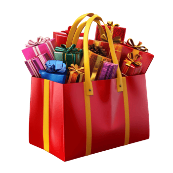 A vibrant shopping bag overflowing with colorful gifts ready for special occasions, Shopping bag full of gifts isolated png