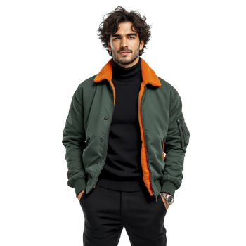 A man in a green bomber jacket and black turtle neck png